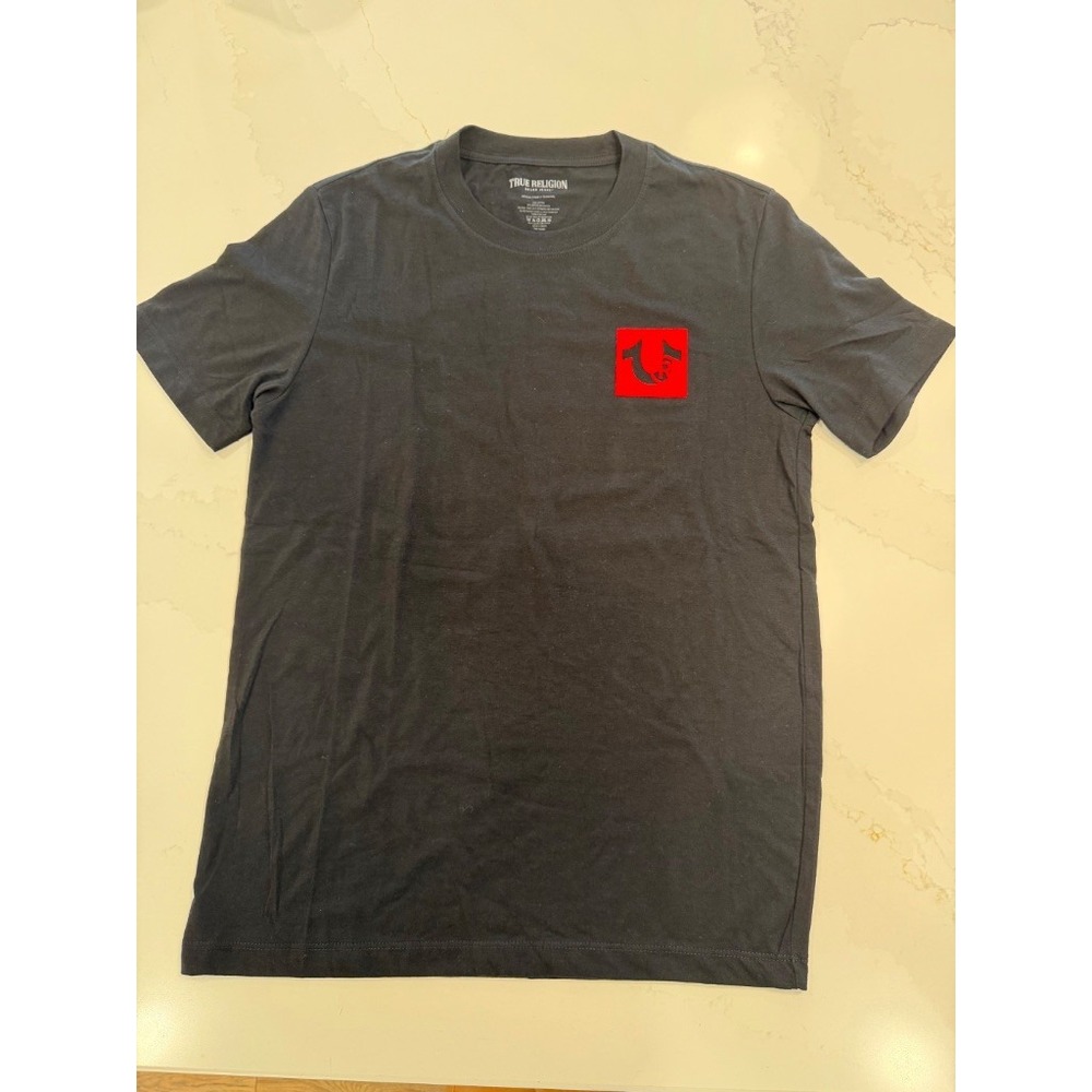 True Religion T-Shirt Mens M Black Red Good Square Horseshoe Logo 700258